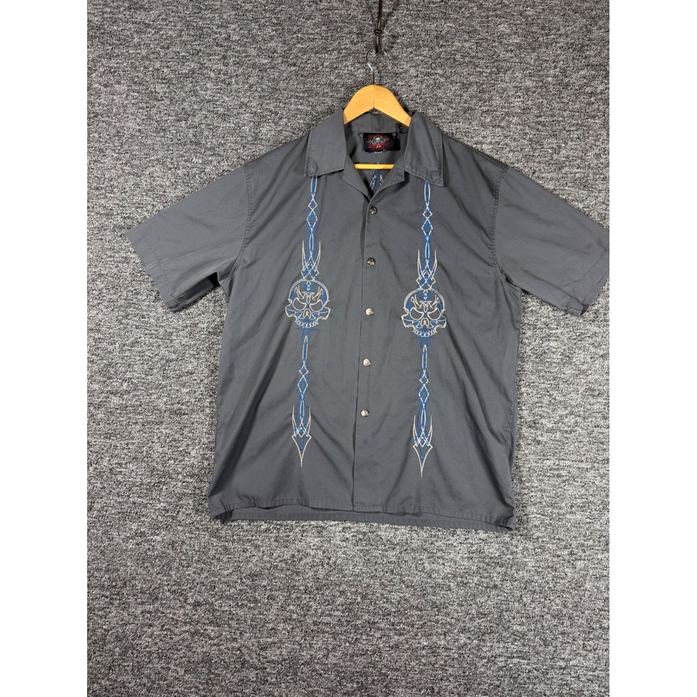 Dragonfly Roadhouse Mens Gray Embroidered‎ Skull Tribal Button Down Shirt Large